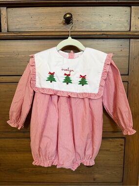 Personalized Pink Striped Kids One-Piece with Embroidered Trees